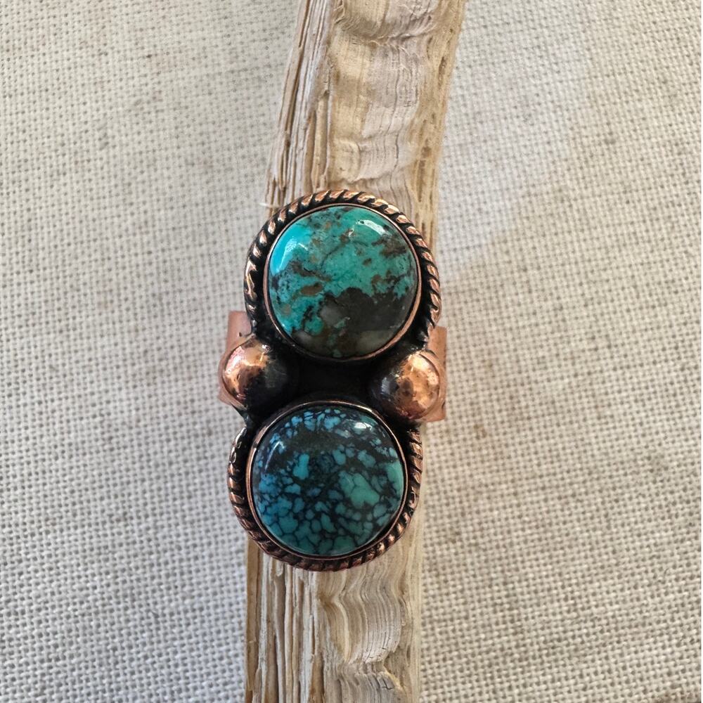 Hubei Turquoise Double Stone Copper Ring Adjustable NWOT